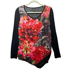 Edyta Long Sleeve Floral Print V Neck Asymmetrical Lace Trim Top L Red Black